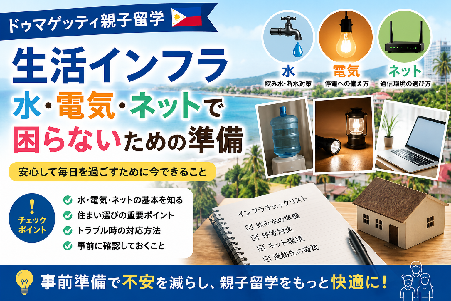 ドゥマゲッティ親子留学で確認しておきたい水・電気・インターネットなど生活インフラの準備