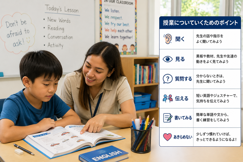海外の学校で英語の授業を受ける子どもと先生、授業についていくために聞く・見る・質問する・伝える・書くことの大切さを紹介するイメージ