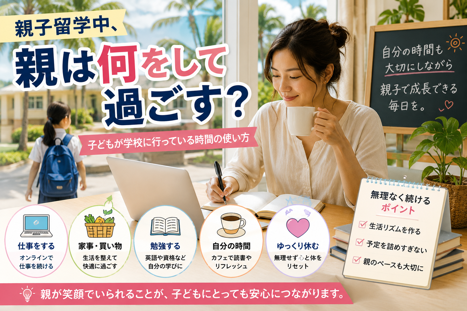 親子留学中に子どもが学校へ行っている時間を、仕事や家事、勉強、自分の時間、休息などに活用する親の過ごし方を紹介するイメージ