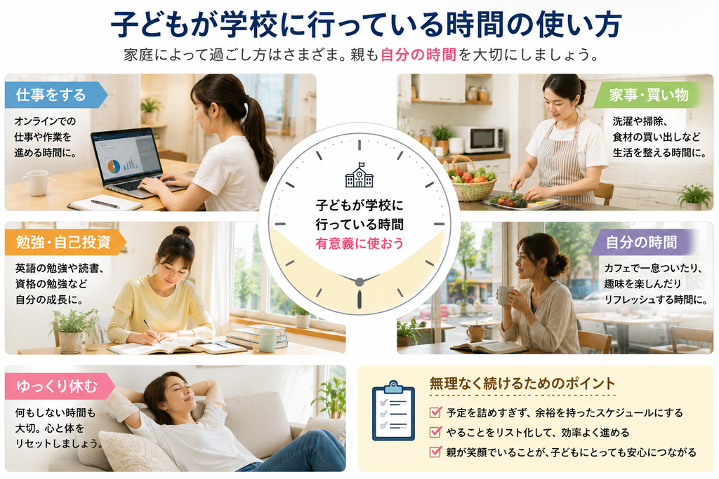 親子留学中に子どもが学校へ行っている時間を、仕事、家事や買い物、勉強、自分の時間、休息などに活用する親の過ごし方を紹介するイメージ