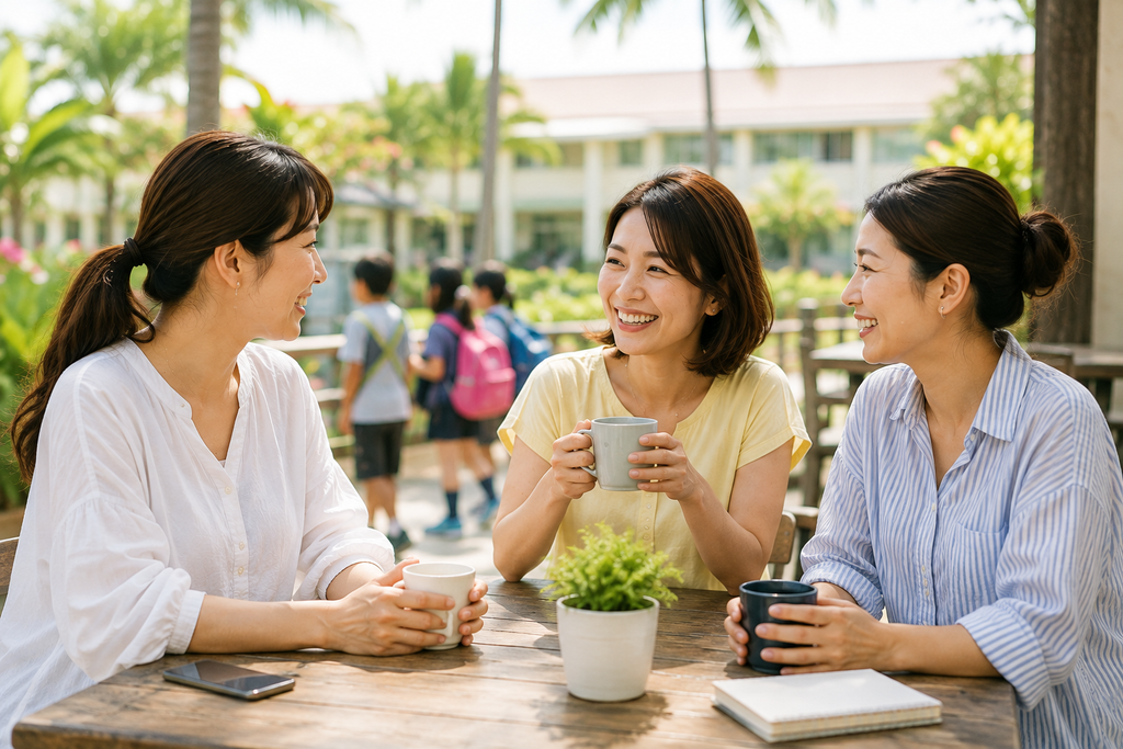 ドゥマゲッティの明るい屋外カフェで、親子留学中の保護者同士がコーヒーを飲みながら楽しそうに会話している様子