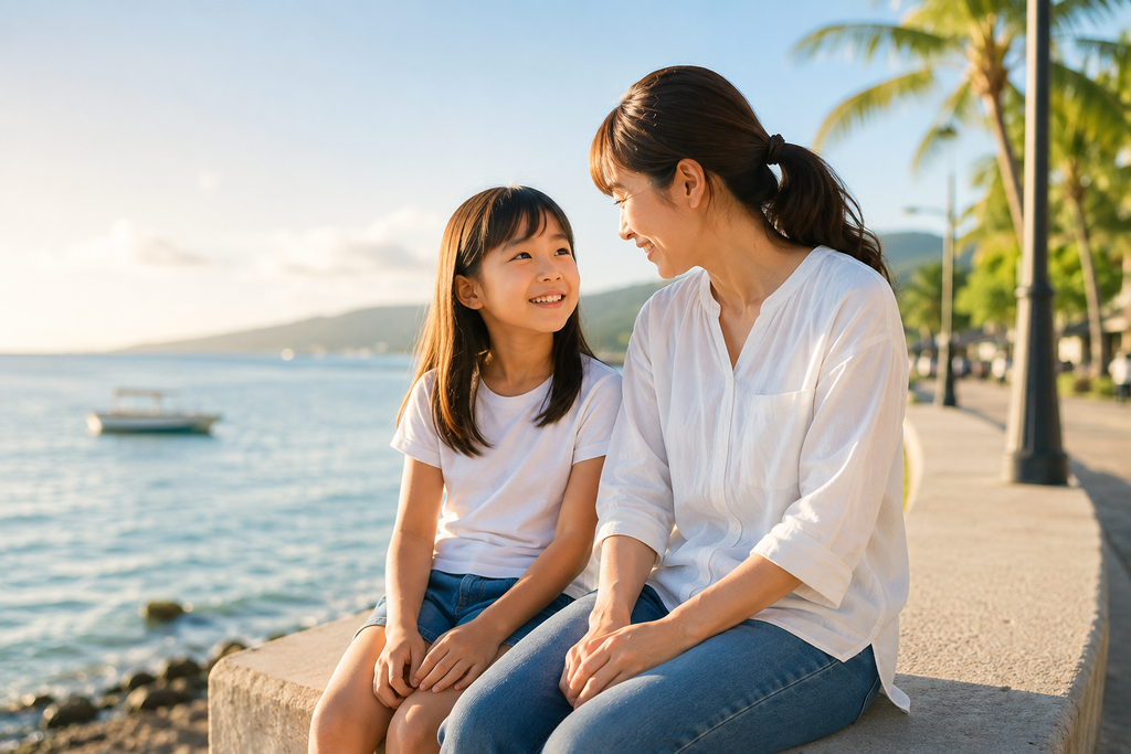 親子留学中の母親と子どもがドゥマゲッティの海辺を歩きながら会話を楽しんでいる様子