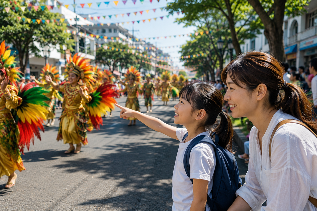 親子留学中の母親と子どもがドゥマゲッティの文化イベントで色鮮やかなパレードを楽しみ、地域の人々やフィリピンの文化に触れている様子