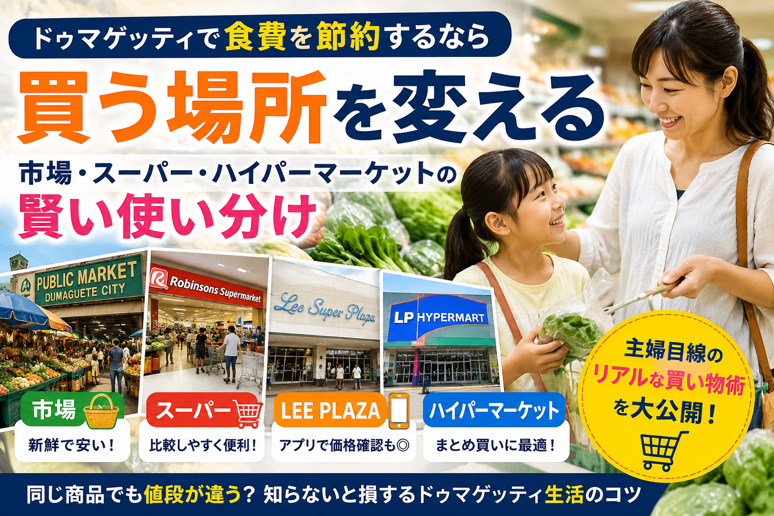 ドゥマゲッティで食費を節約するため、市場・スーパー・ハイパーマーケットを賢く使い分ける親子の買い物風景