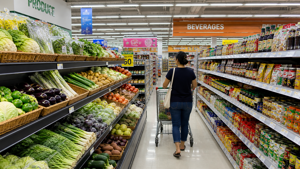 ドゥマゲッティのスーパーマーケットに並ぶ野菜や食品の売り場