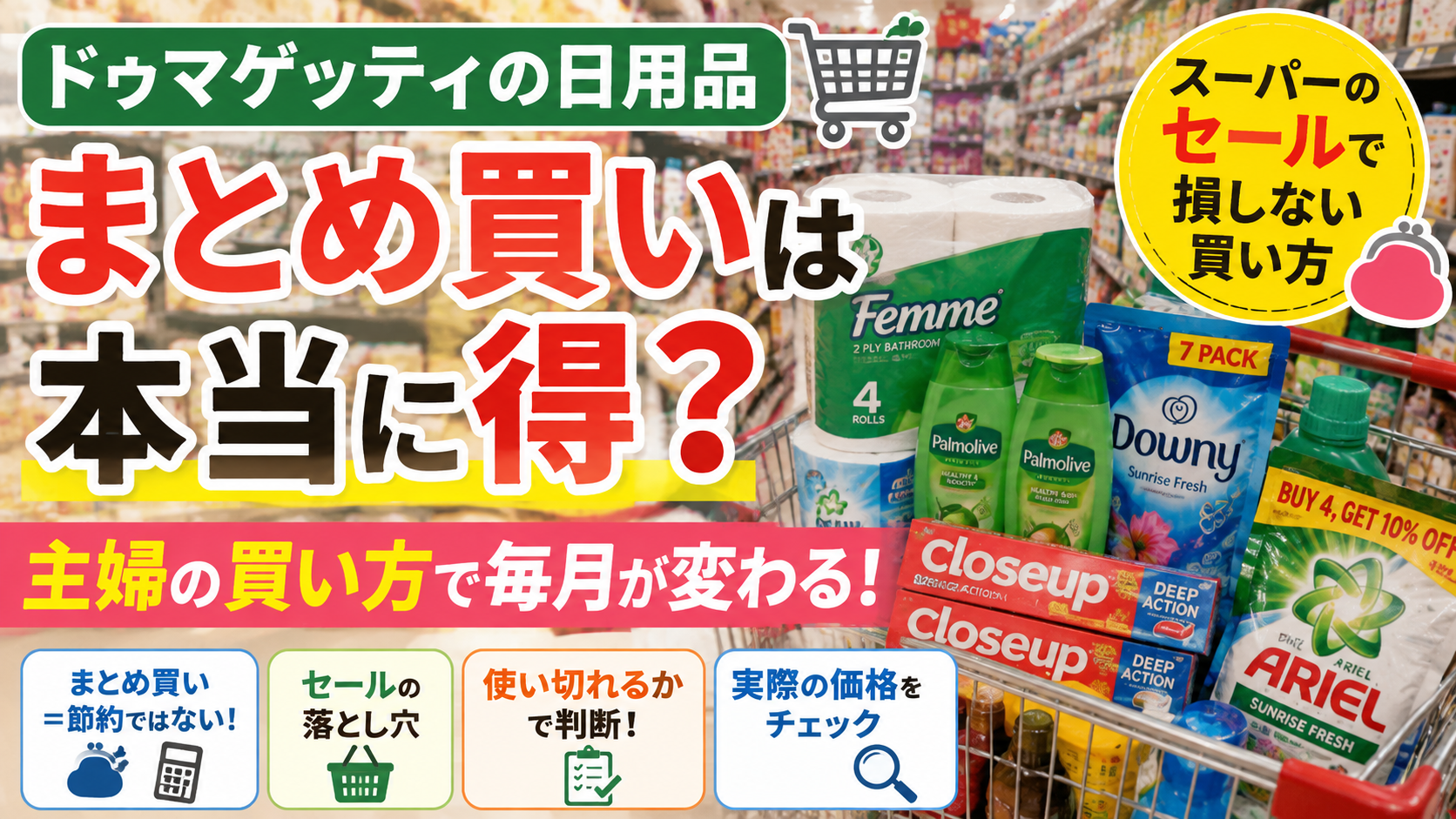 ドゥマゲッティのスーパーで日用品をまとめ買いする際の、セールや価格を比較した買い物の様子