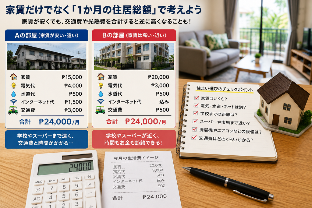 ドゥマゲッティの住まい選びで家賃だけでなく交通費や光熱費などを含めた1か月の住居総額を比較するイメージ