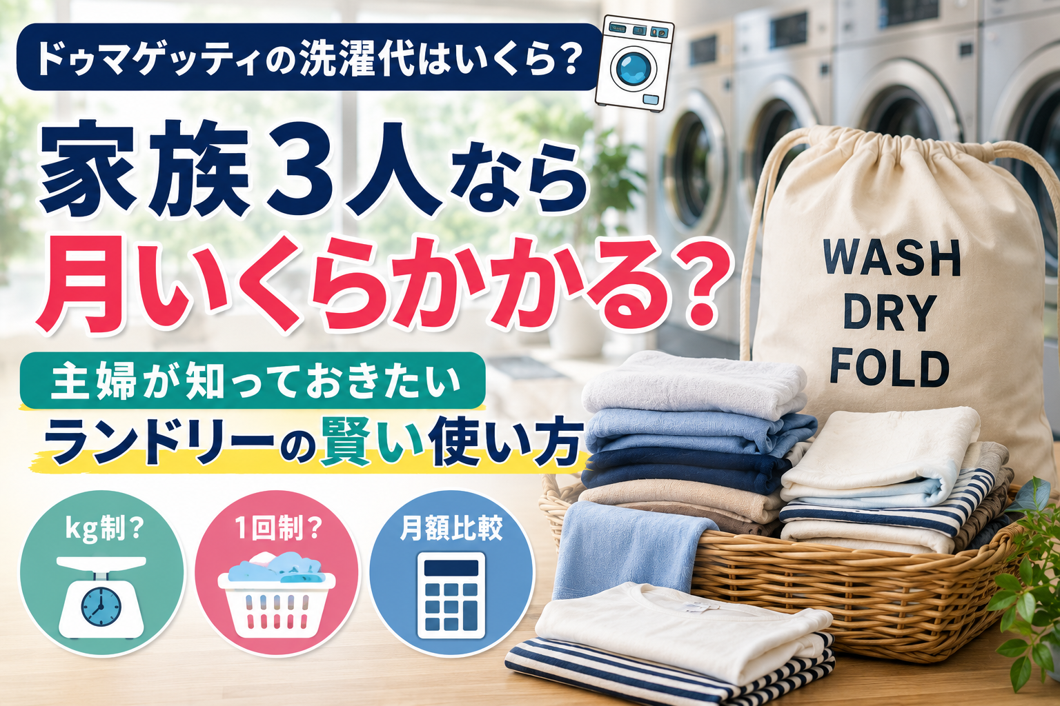 ドゥマゲッティのランドリーサービスと家族3人の洗濯費用を紹介するイメージ