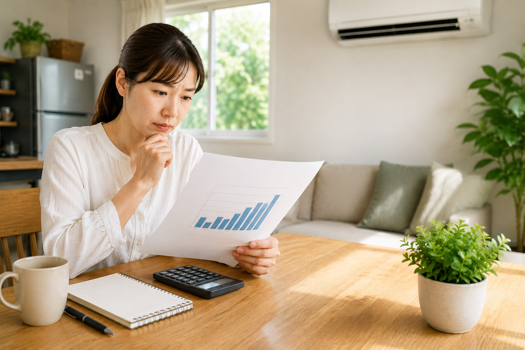 ドゥマゲッティの電気代を家計簿で確認する主婦のイメージ