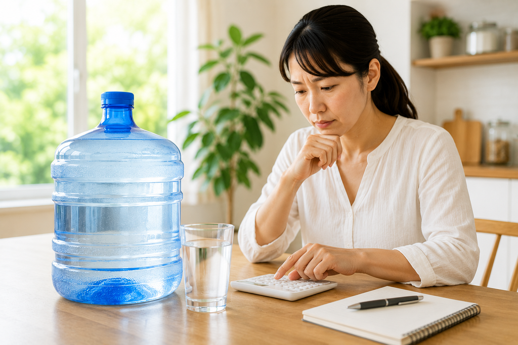 ドゥマゲッティの飲み水代を家計簿で確認する女性