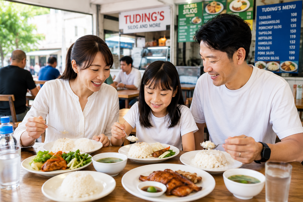 ドゥマゲッティのローカル食堂で食事を楽しむ親子3人
