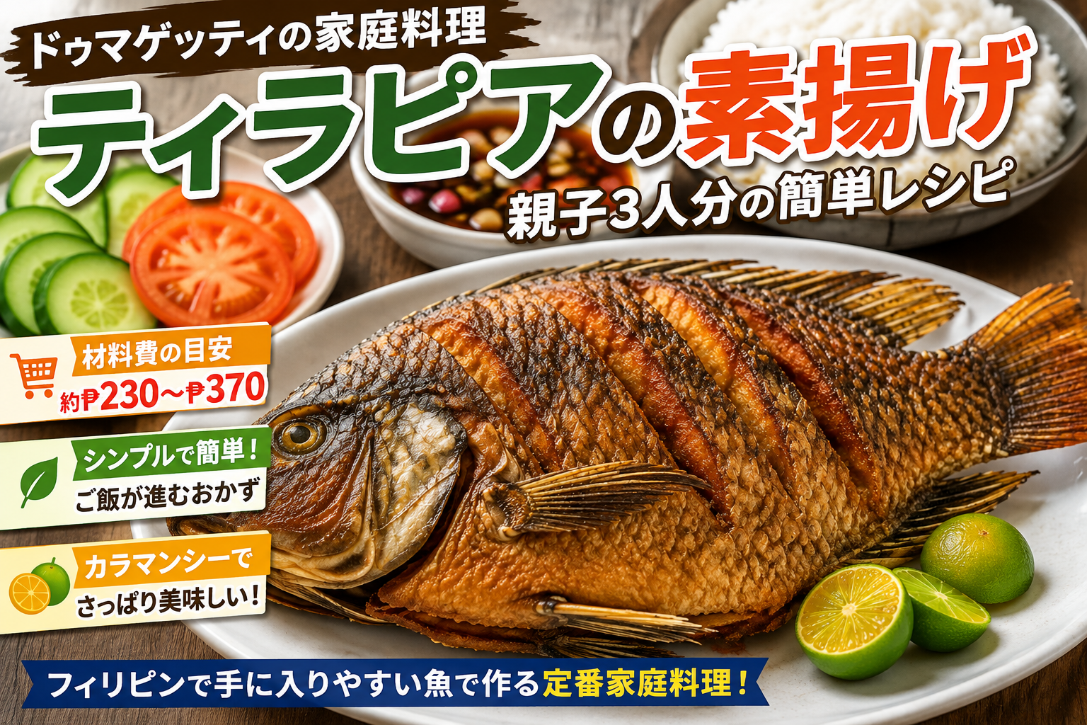 ティラピアの素揚げとご飯、カラマンシーを添えたドゥマゲッティの家庭料理