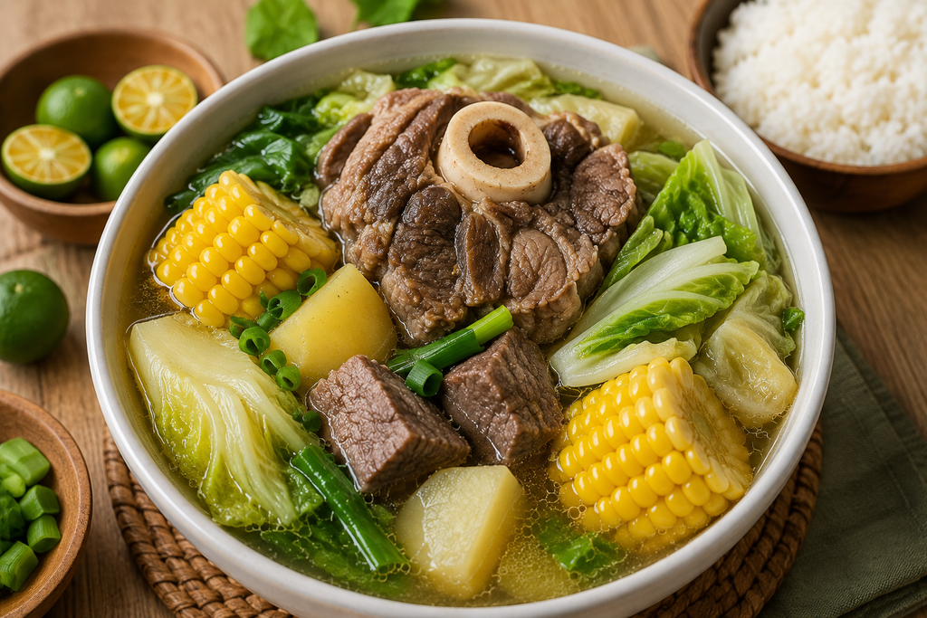 ブラロスープに牛肉、牛骨、とうもろこし、じゃがいも、白菜などの野菜をたっぷり使ったフィリピン家庭料理