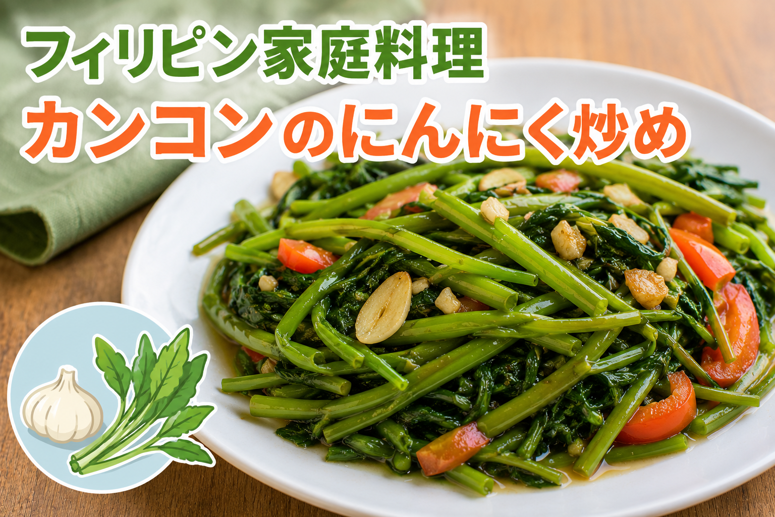フィリピンの家庭料理「カンコンのにんにく炒め」を盛り付けた料理写真