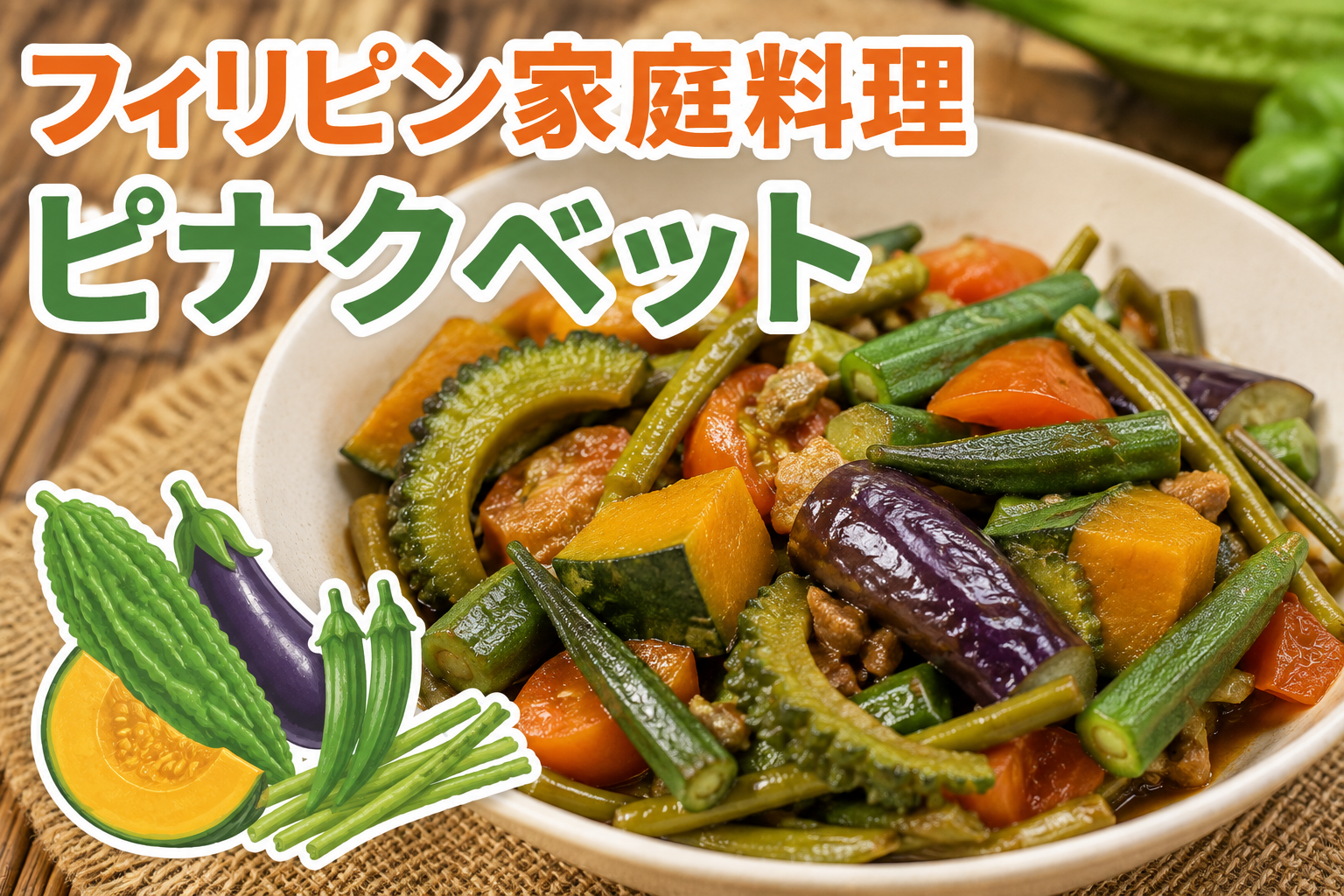 フィリピン家庭料理のピナクベットを盛り付けた料理と、ゴーヤ・ナス・オクラ・かぼちゃなどのローカル野菜を紹介するサムネイル画像