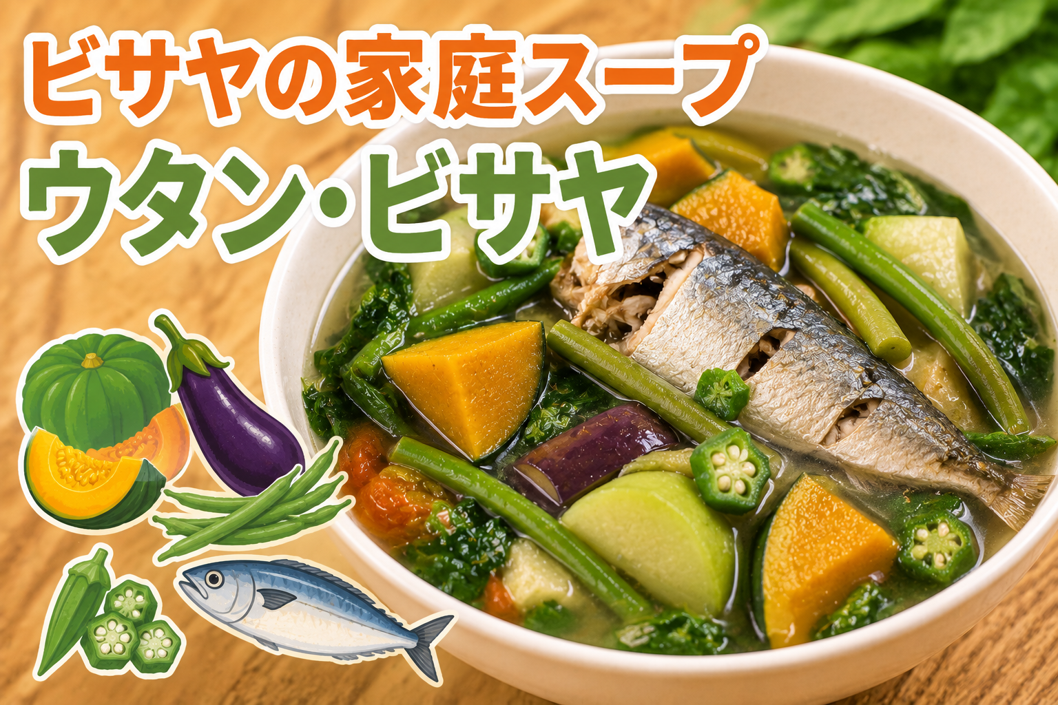 ビサヤ地方の家庭料理「ウタン・ビサヤ」のスープと、かぼちゃ、ナス、オクラ、シタオ、葉野菜、魚などのローカル食材を紹介する料理サムネイル