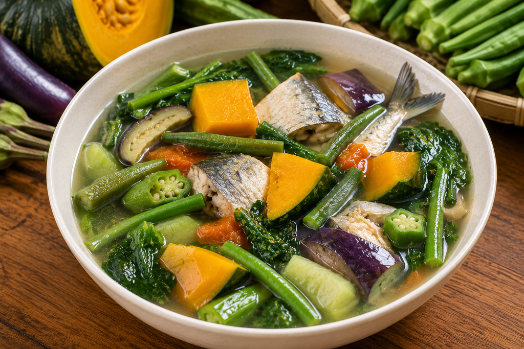 ウタン・ビサヤの野菜と魚のスープを盛り付けた料理。かぼちゃ、シタオ、オクラ、ナス、葉野菜などのローカル食材が入ったフィリピンの家庭料理