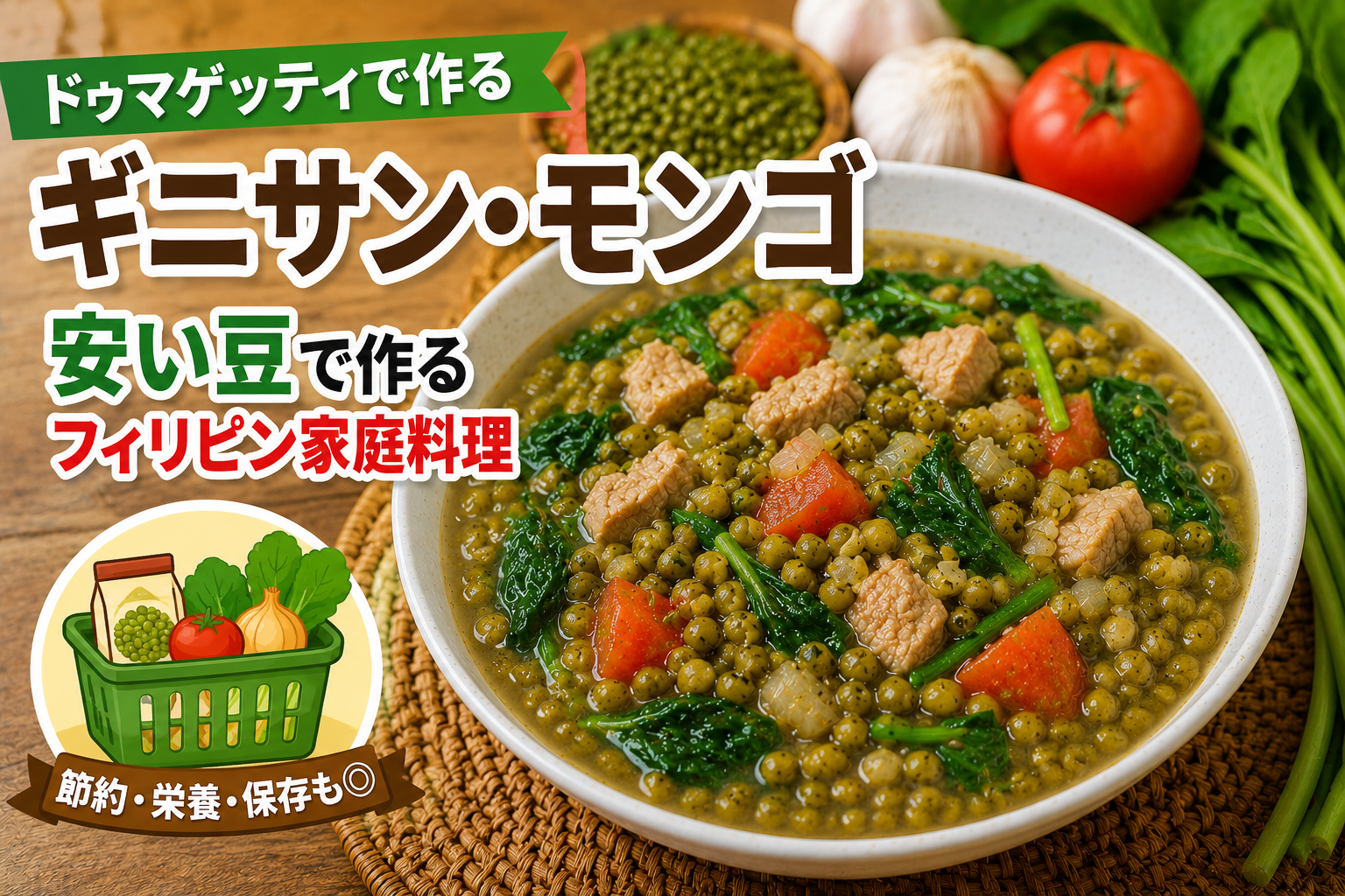 ドゥマゲッティで作るギニサン・モンゴ、緑豆と豚肉、トマト、葉野菜を使ったフィリピン家庭料理と食材のイメージ