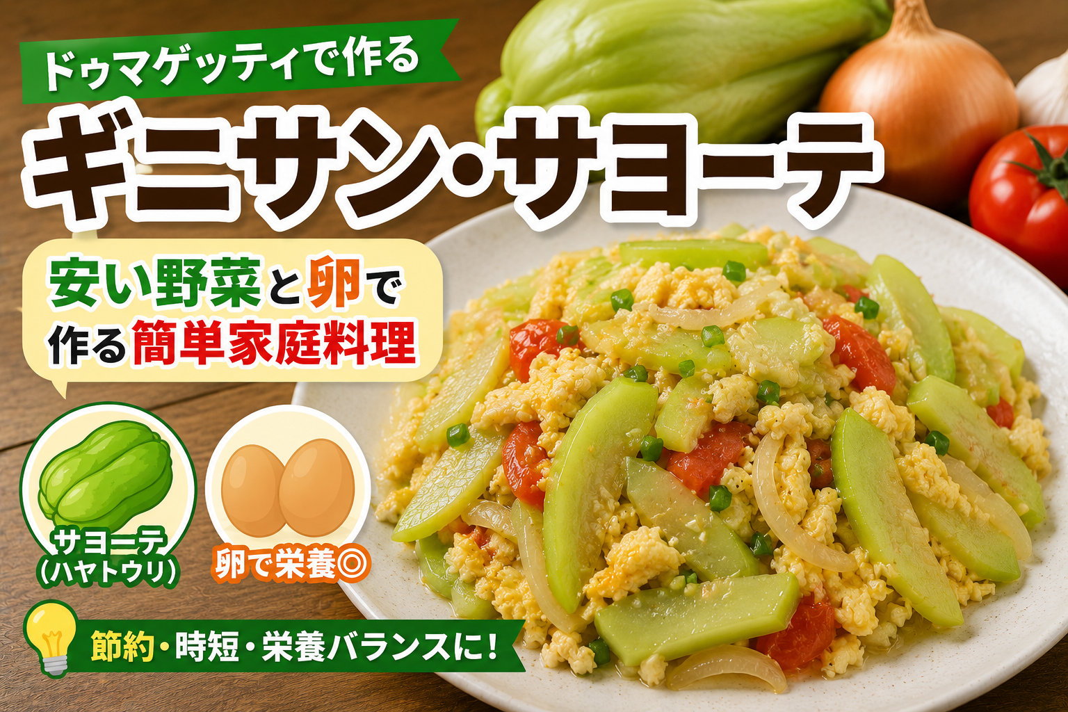 ドゥマゲッティで作るギニサン・サヨーテ（ハヤトウリと卵の炒め物）の料理と、サヨーテ・卵・玉ねぎ・トマトなどの食材