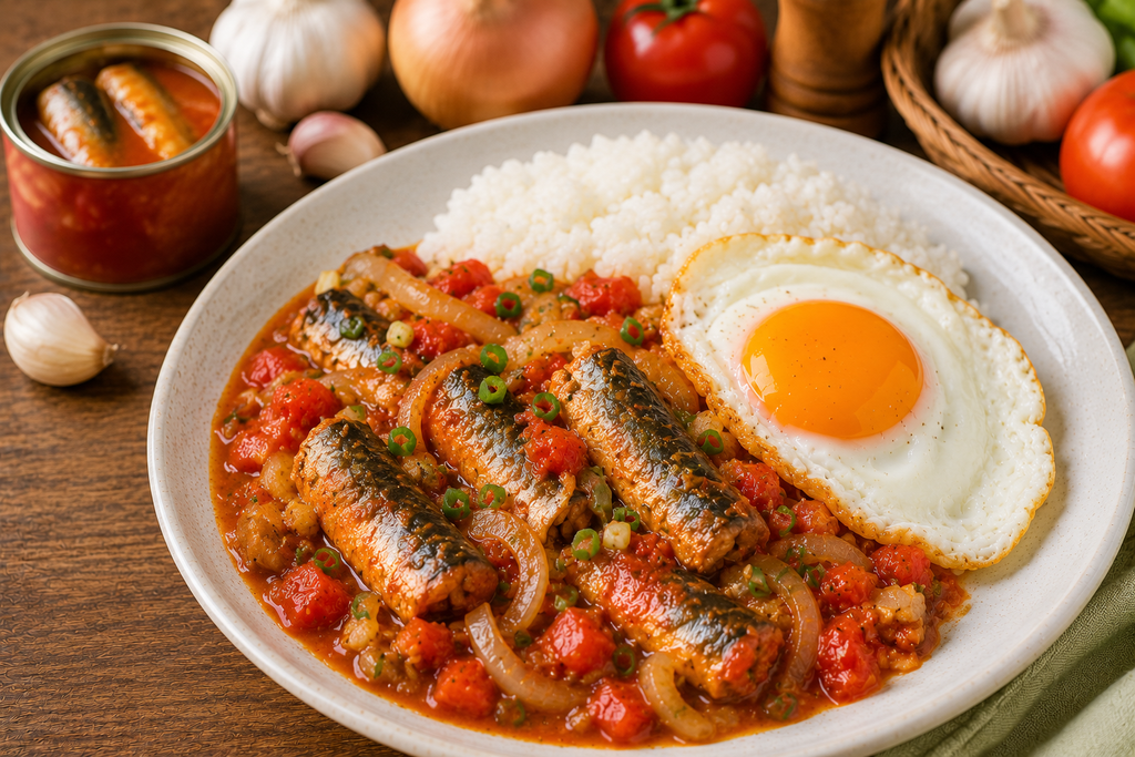 ドゥマゲッティの家庭で作るサーディン缶と卵の料理。にんにく、玉ねぎ、トマトを使った簡単な一皿