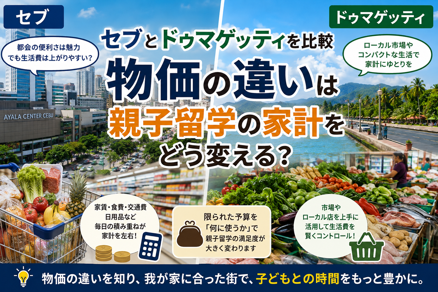 セブとドゥマゲッティの物価を比較し、都市部の生活費と地方都市の生活費の違いが親子留学の家計や子どもとの時間に与える影響を表現した比較イメージ