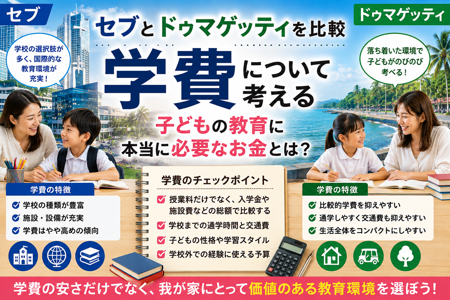 セブとドゥマゲッティの学費を比較し、学校の選択肢や教育環境、授業料以外の費用、通学負担、子どもの教育に使える予算の違いを親子の学習風景とともに表現したイメージ