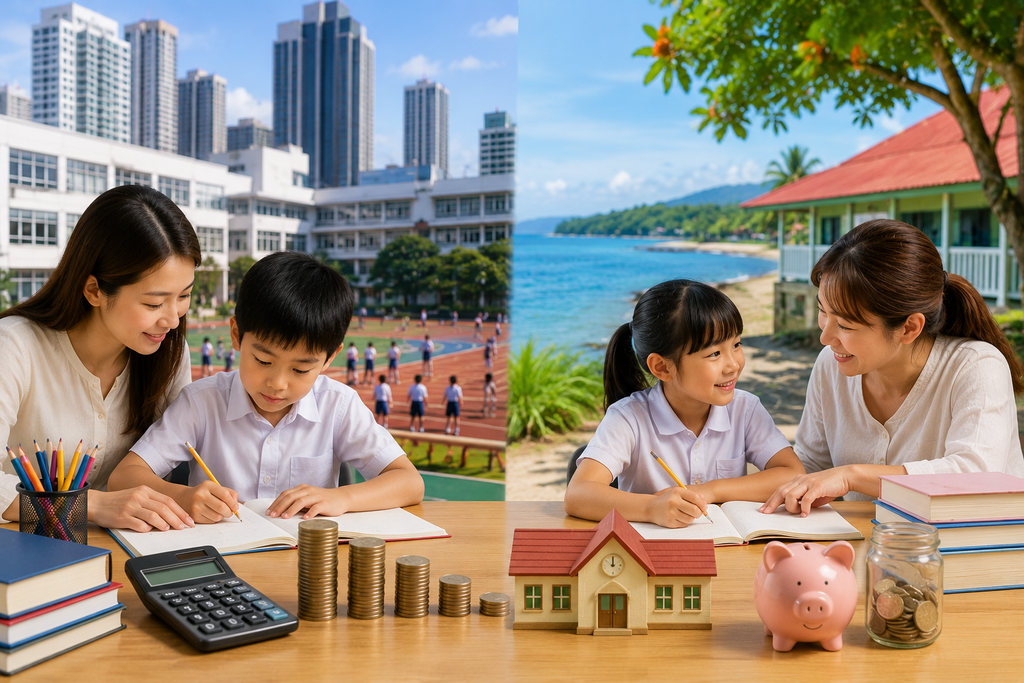 セブとドゥマゲッティの教育環境を比較し、都市型の学校と海辺の落ち着いた学校で、それぞれ母親と子どもが学習している様子を描いたイメージ