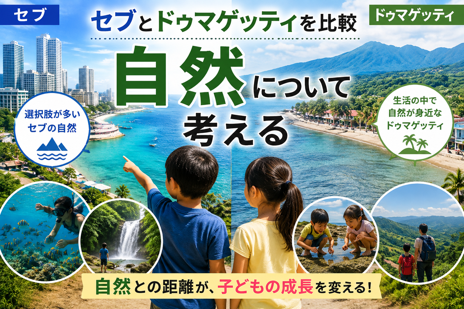 セブとドゥマゲッティの自然環境を比較し、海や山などの自然の中で親子が過ごしながら、子どもの好奇心や探究心、体力、自信を育てる様子を表現したイメージ