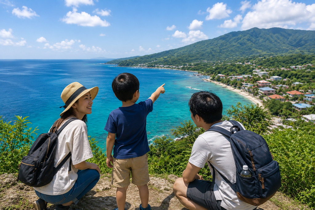 セブとドゥマゲッティの自然環境を比較する親子が、海と山を見渡せる自然の中で過ごし、子どもが景色を指差しながら新しい発見を楽しんでいる様子