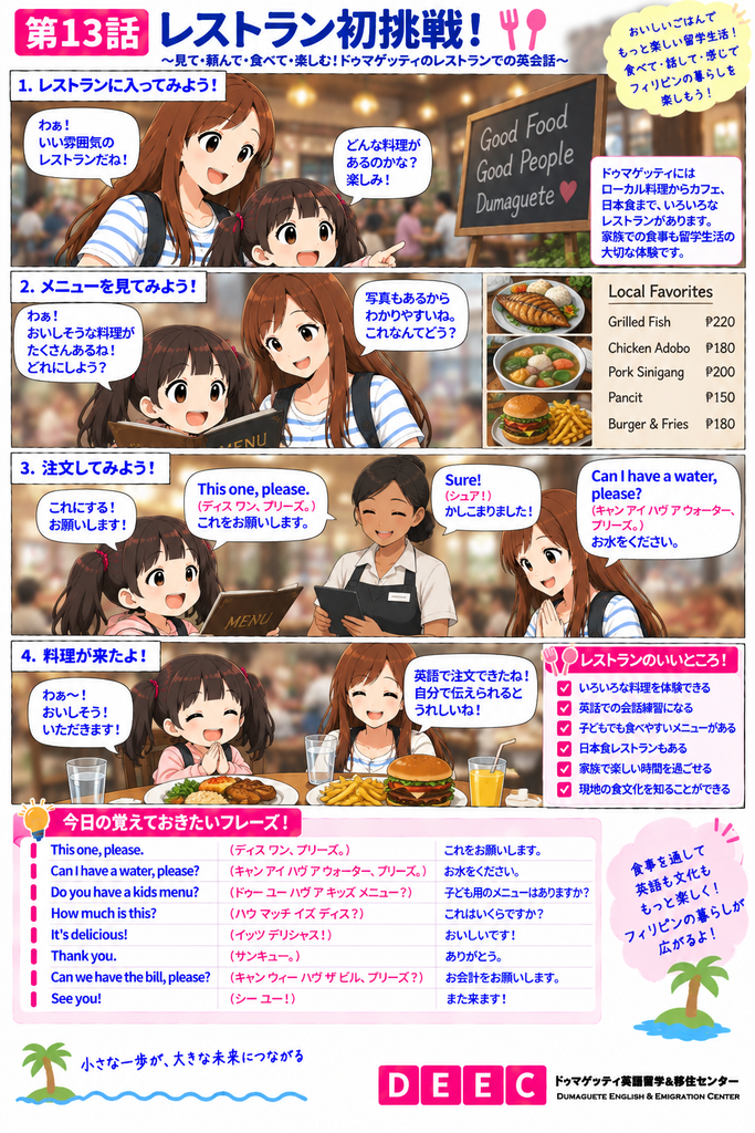 ドゥマゲッティのレストランで親子がメニューを見ながら料理を選び、『This one, please.(これをお願いします)』と英語で注文し、家族で食事を楽しむ様子を描いたDEEC英会話マンガ