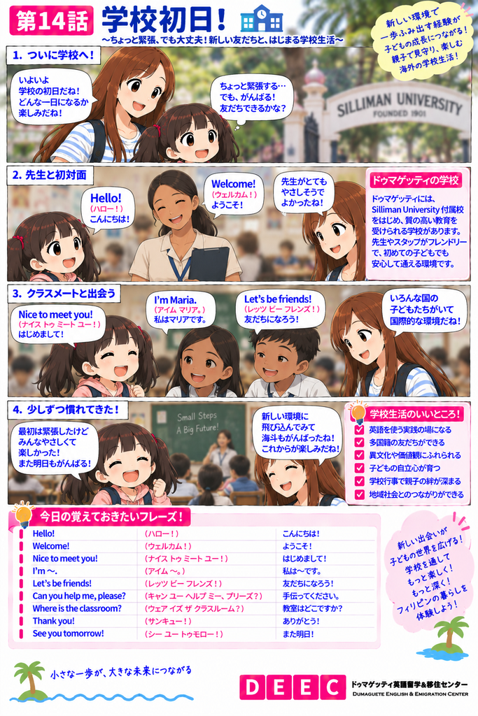 ドゥマゲッティの学校初日に、親子が先生やクラスメートと『Hello!』『Nice to meet you!』『Let’s be friends!』などの英語で交流し、子どもが少しずつ新しい学校環境に慣れていく様子を描いたDEEC英会話マンガ