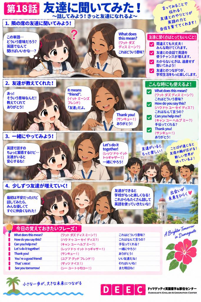 海外の学校で子どもが友達に「What does this mean?(ワット ダズ ディス ミーン?/これはどういう意味?)」と尋ね、一緒に学びながら少しずつ友達との交流を深めていく様子を描いた縦長マンガ