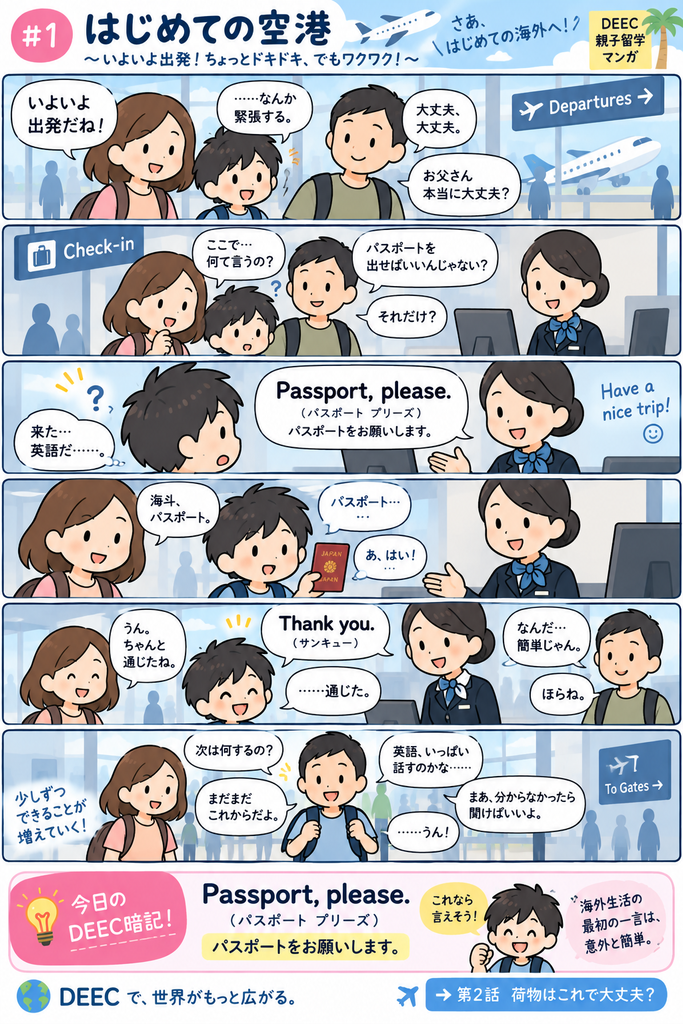 親子留学の空港英会話を描いた漫画|Passport, please.