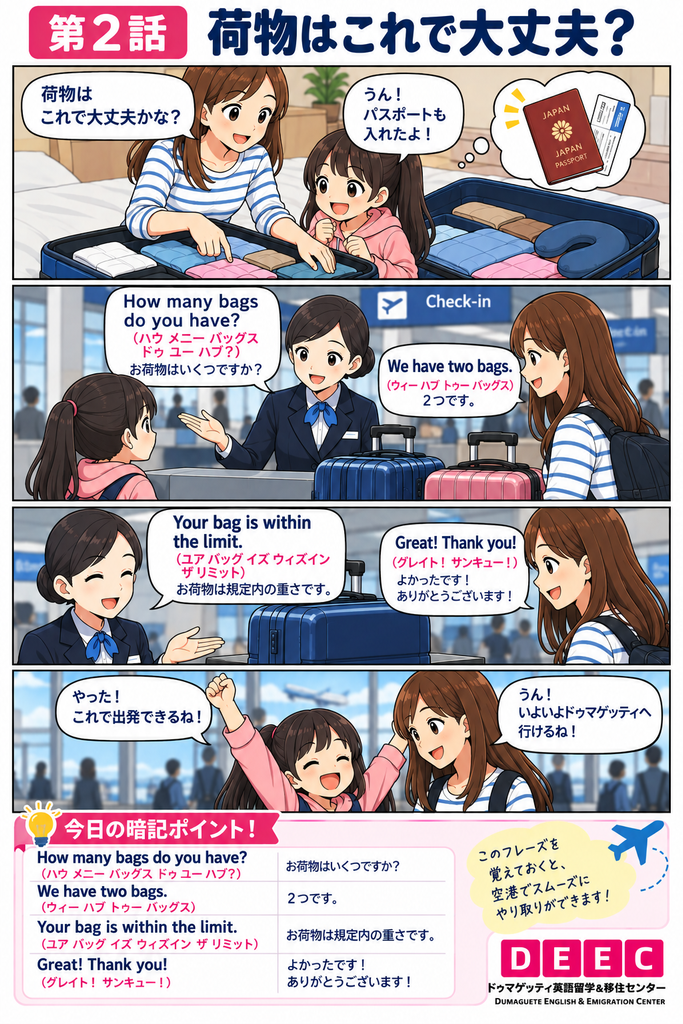 親子留学の空港チェックインで使う英会話を描いた漫画「荷物はこれで大丈夫?」