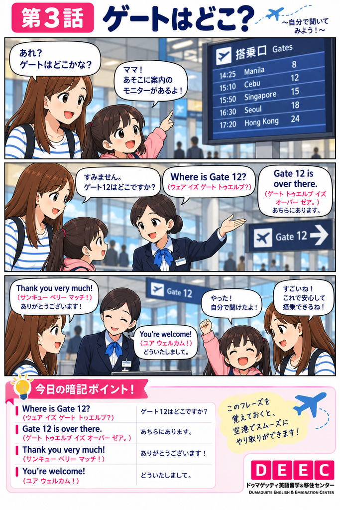 空港で搭乗ゲートを探し、スタッフに「Where is Gate 12?（ゲート12はどこですか？）」と尋ねる親子留学の子どもを描いたDEEC英会話マンガ