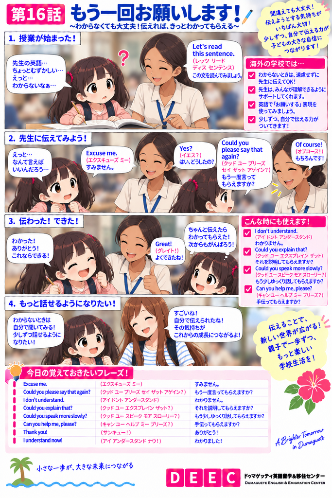 海外の学校で授業中に英語が分からず戸惑う子どもが、「Could you please say that again?(もう一度言ってもらえますか?)」などの表現を使って先生に聞き返し、自分から伝える力を身につけていく様子を描いた縦長マンガ