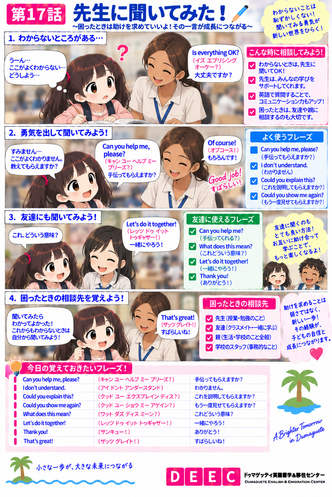 海外の学校で分からないことがあった子どもが、先生に「Can you help me, please?（キャン ユー ヘルプ ミー プリーズ？／手伝ってもらえますか？）」と尋ね、友達にも相談しながら問題を解決していく様子を描いた縦長マンガ