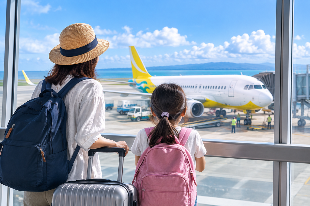 成田空港からセブを経由してドゥマゲッティへ向かう親子留学の渡航風景