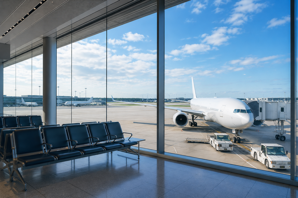 成田空港からマニラを経由してドゥマゲッティへ向かう国際線・国内線の乗り継ぎをイメージした空港風景