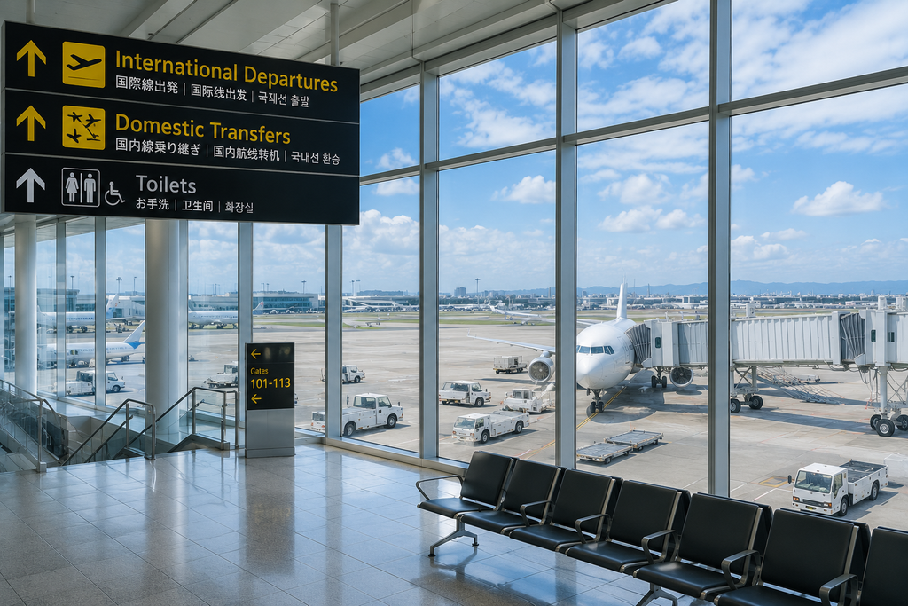ドゥマゲッティからセブを経由して成田空港へ帰国する際の、セブ空港の出発ロビーと飛行機をイメージした空港風景