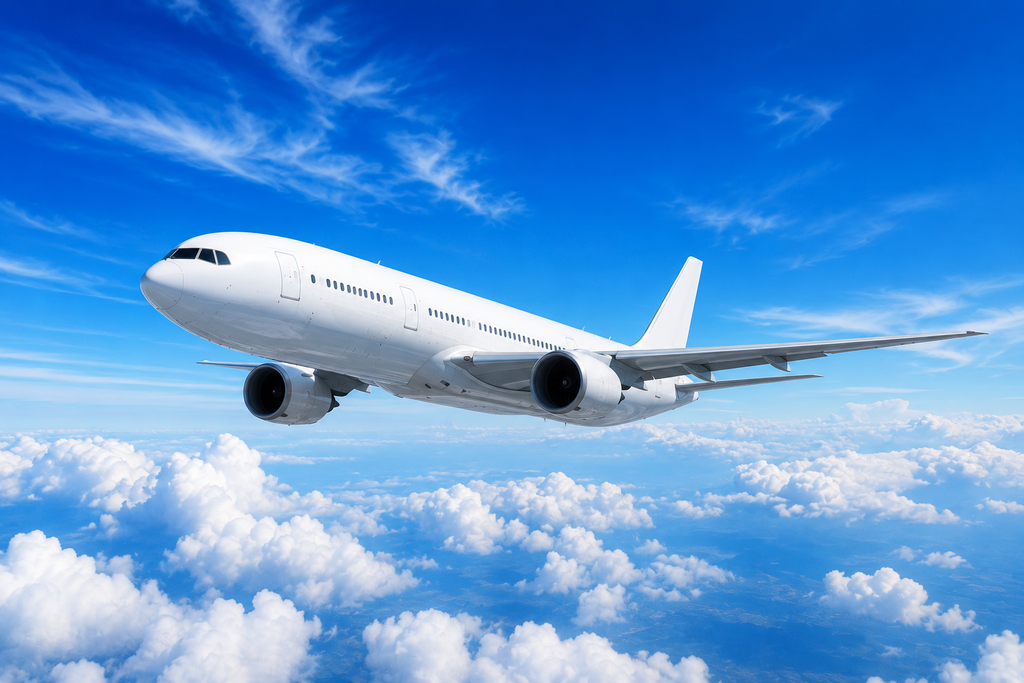 飛行機と青空の風景、雲が広がる空港周辺の空撮イメージ