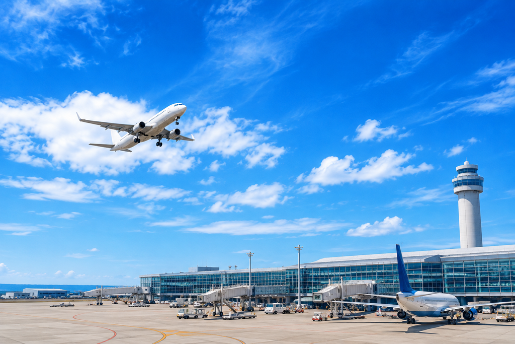 青空の下に広がる空港と飛行機の風景