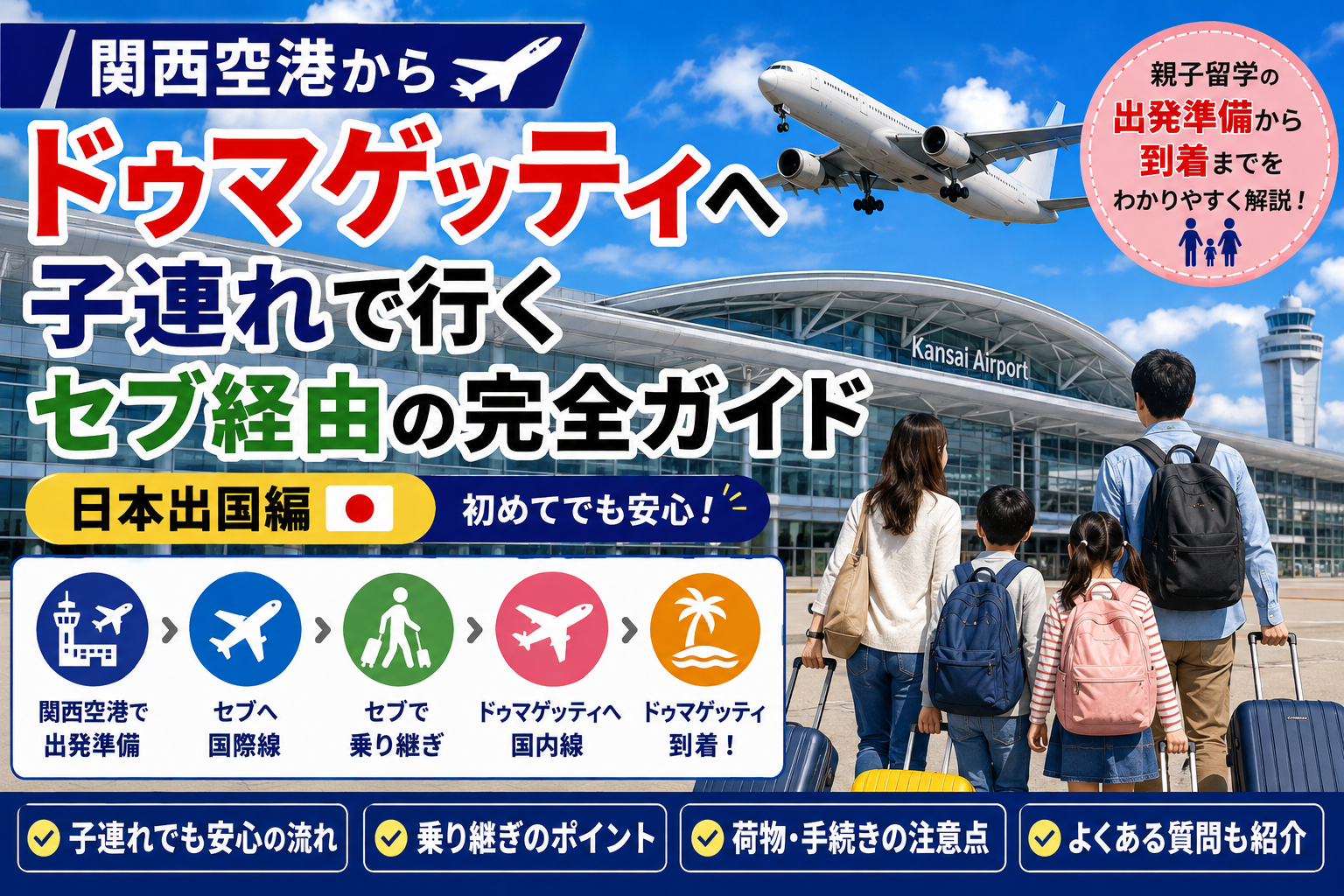 関西空港からセブを経由してドゥマゲッティへ向かう親子留学の渡航イメージ