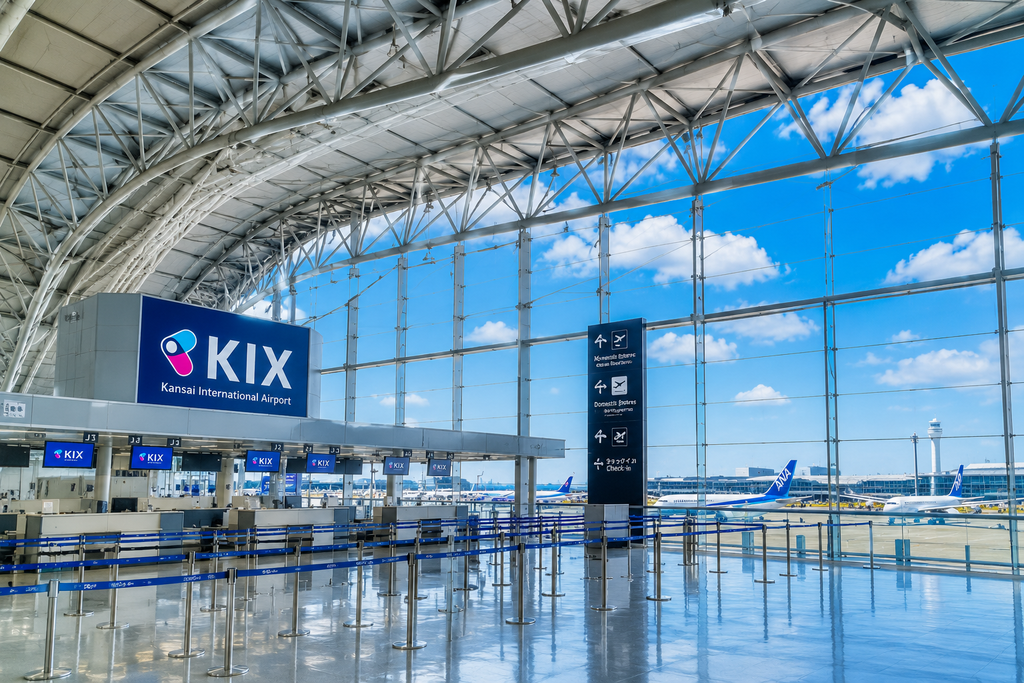 青空の下に広がる空港と滑走路、駐機する飛行機の風景