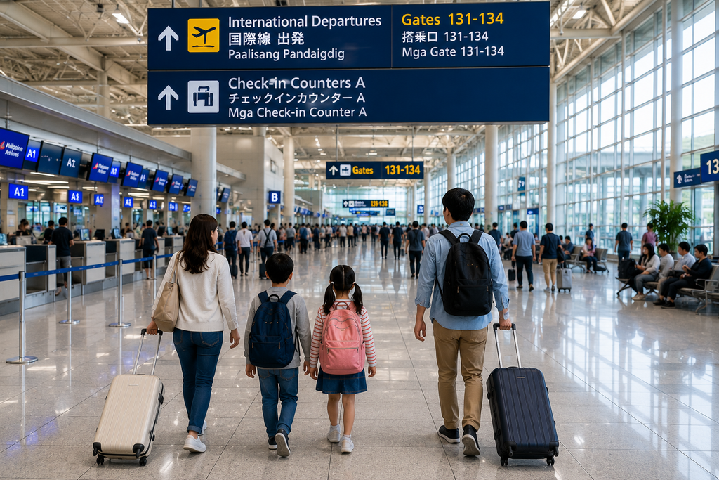 マニラまたはセブを経由して日本へ帰国する旅行者が利用する空港ロビーの風景