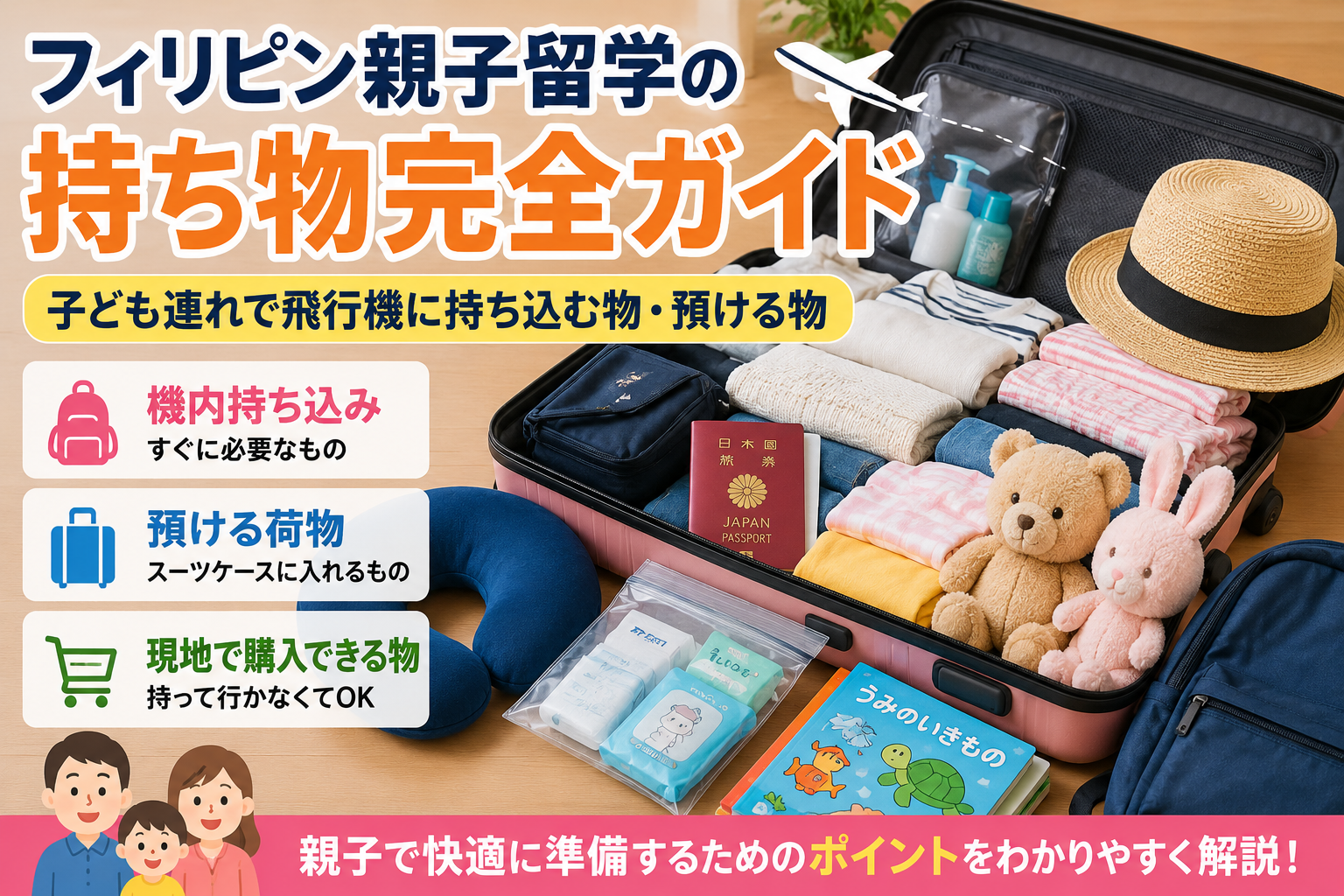フィリピン親子留学に必要な持ち物を機内持ち込みと預け荷物に分けて準備するイメージ