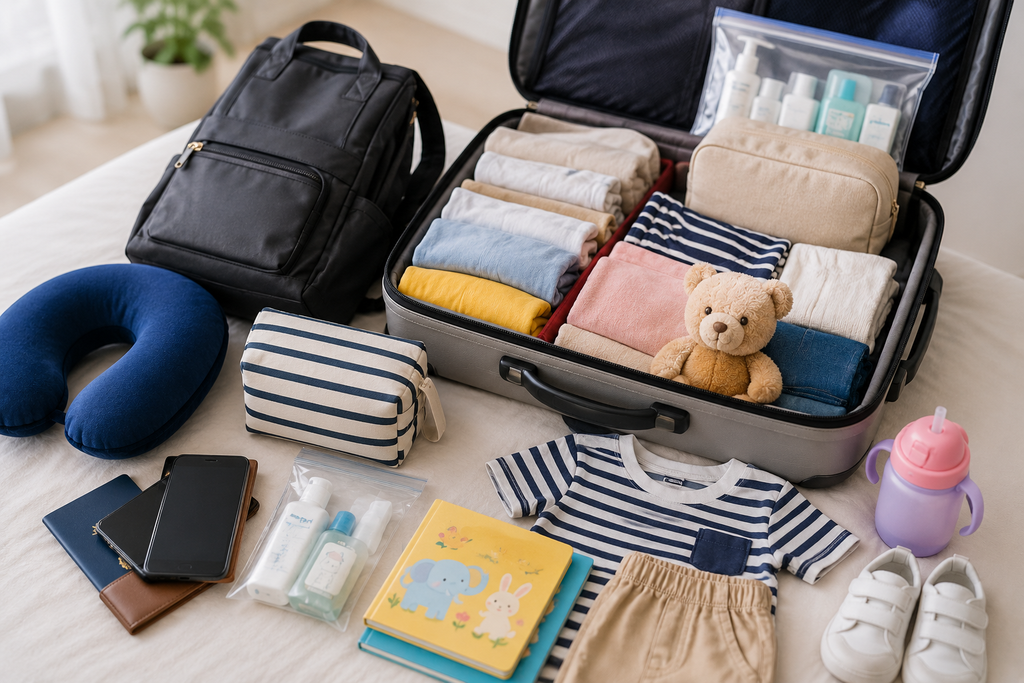 フィリピン親子留学の持ち物を準備したスーツケースと旅行用品のイメージ