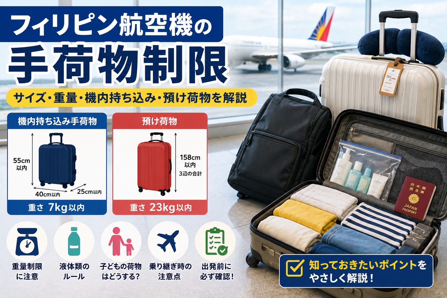 フィリピン航空機の手荷物制限を確認しながら親子留学の荷物を準備するイメージ