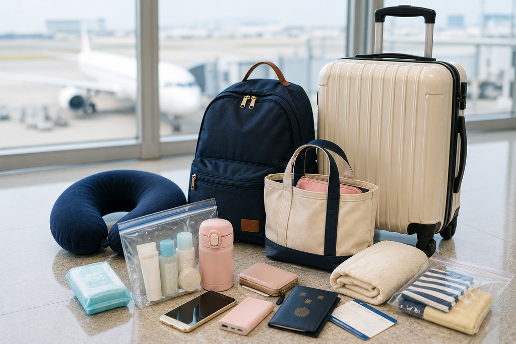 手荷物を準備した空港カウンター周辺の風景、スーツケースと機内持ち込みバッグのイメージ