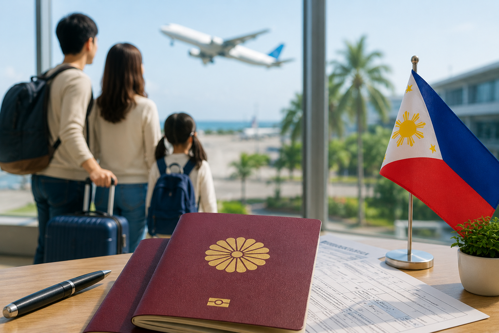 フィリピンの空港とパスポートをイメージした親子留学の滞在準備風景